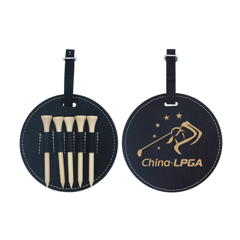 Guľatý štítok na golfovú tašku z koženky s 5 drevenými tričkami